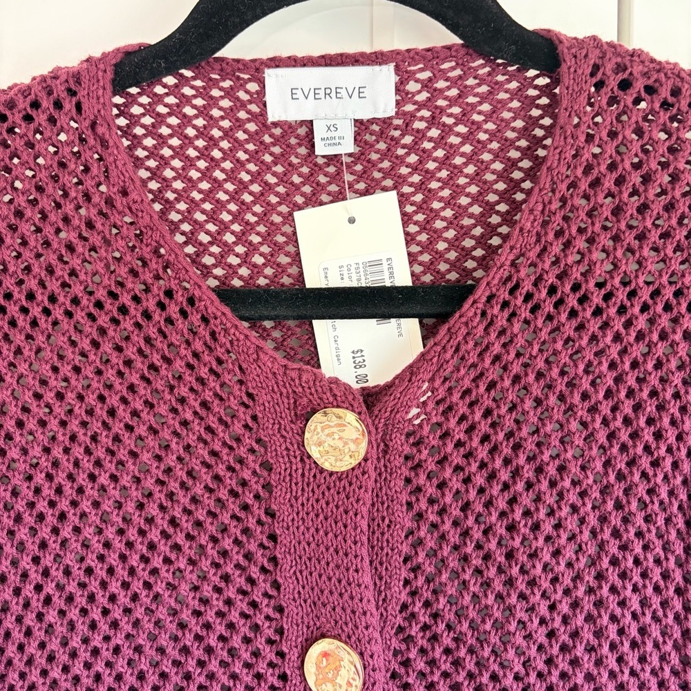 Evereve Burgundy Emery Open Stitch Cardigan with Gold Buttons | XS - Picture 4 of 7